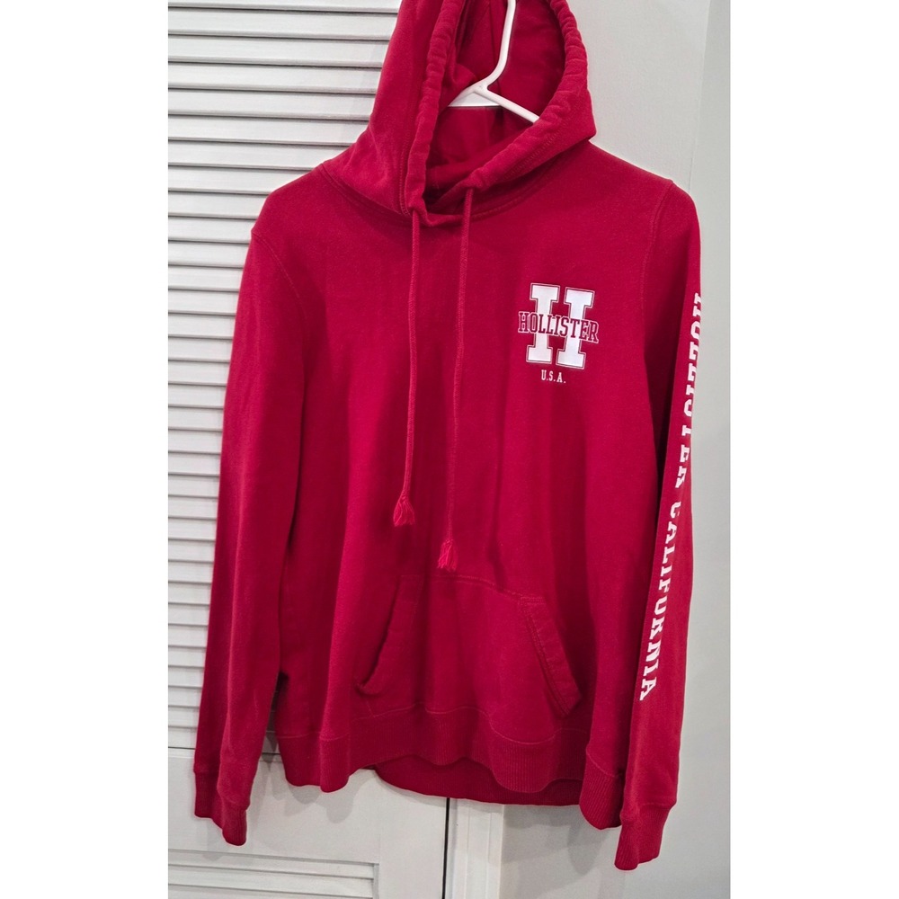 Hollister Womens Red Long Sleeve Pullover Hoodie Logo Sweatshirt Size Large